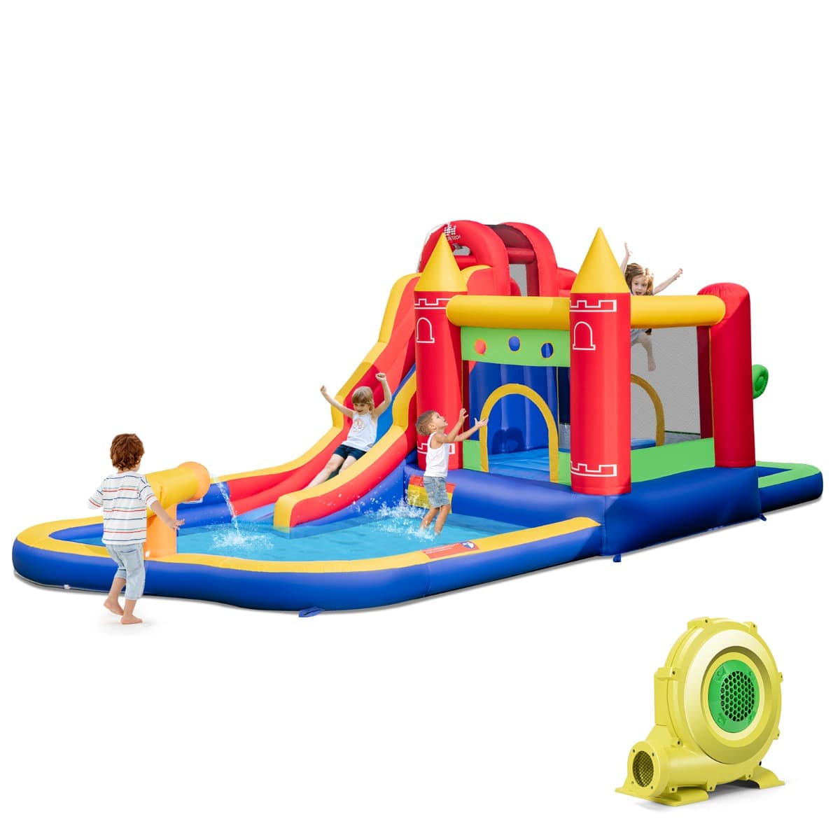 CostwayChâteau Gonflable 9 en 1 pour Enfants avec Toboggan Aquatique Canon à Eau et Piscine à Éclaboussures pour L’extérieur pour Le Jardin (avec