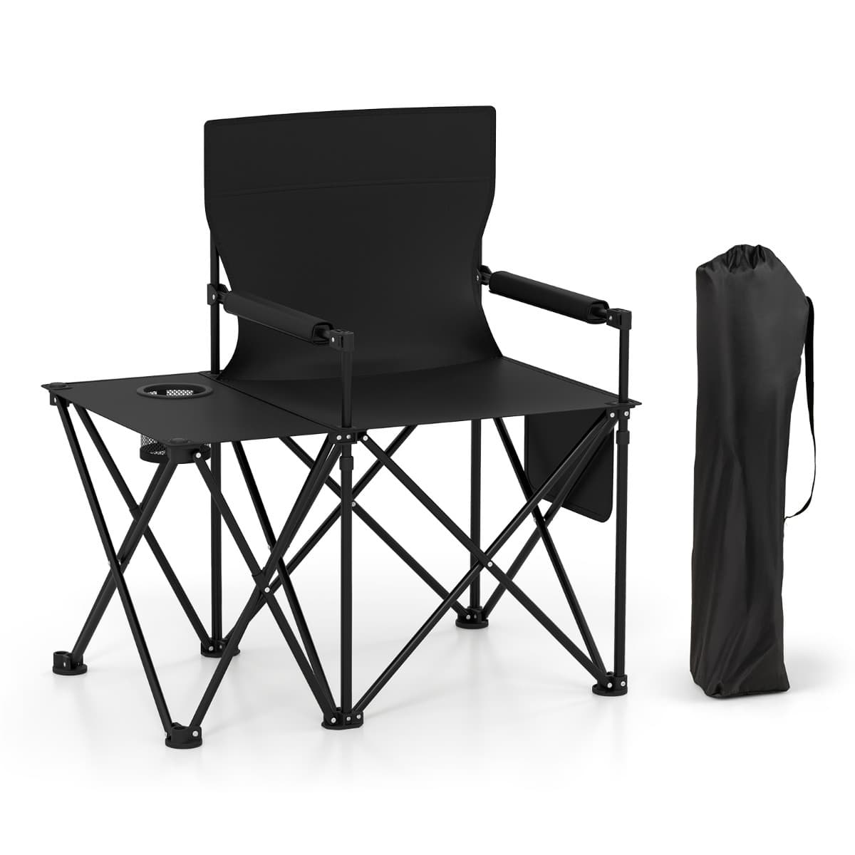 CostwayLot de 2 Chaises de Camping avec Table Chaise de Pique-nique Pliable avec 2 Poches de Rangement Porte-gobelet Accoudoirs Rembourrés Noir